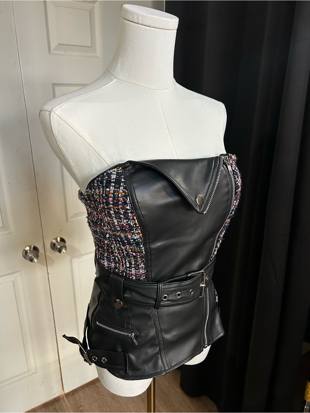 AKIRA Black Faux Leather & Multicolor Tweed Strapless Bustier